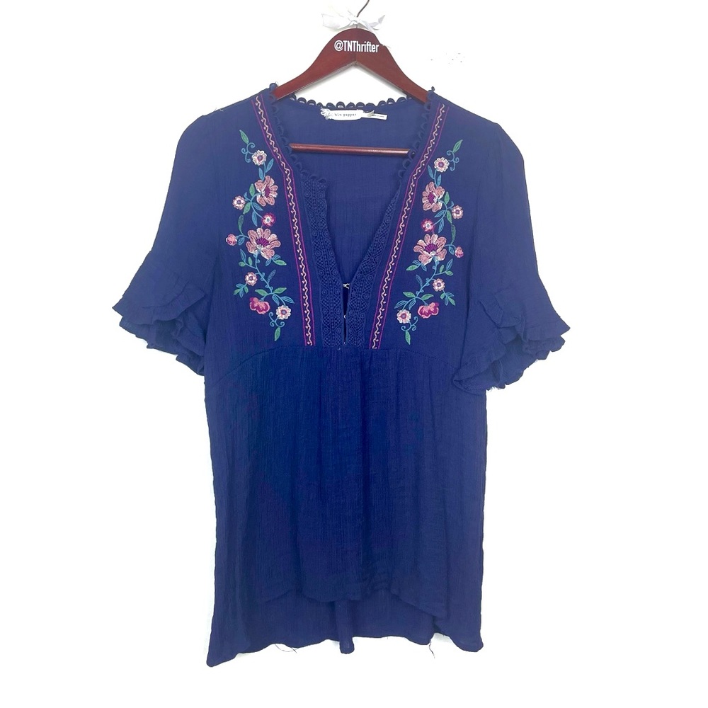 Blu Pepper Women’s Embroidered Floral Flutter Ruffle Sleeve Top Small Boho Navy